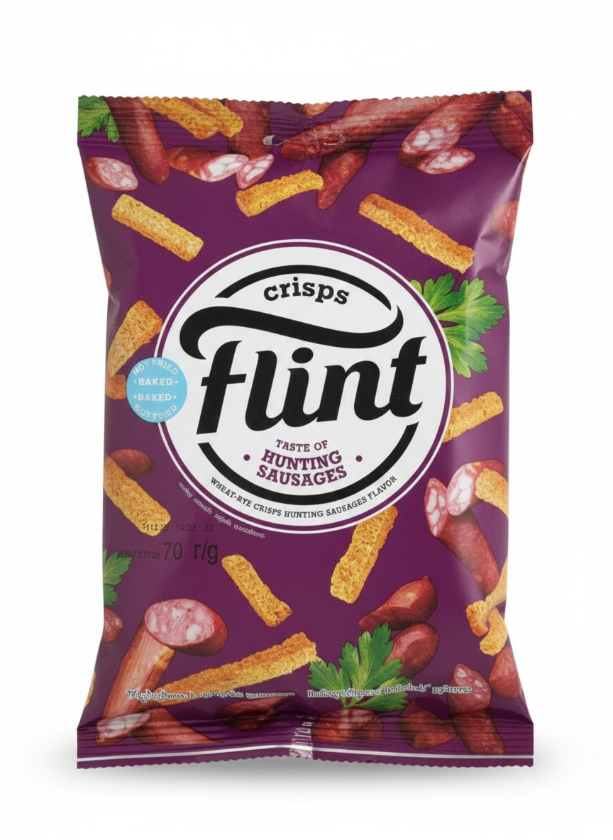 flint hunting sausages Pšenično-žitné suchary Flint s příchutí loveckého salámu, 70g - Obrázek 1