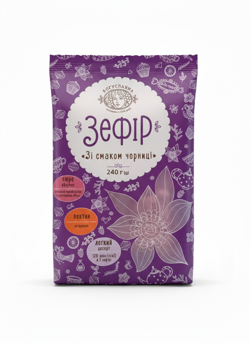 богусл чорниця Pěnové cukrovinky Zefir s borůvkovým aroma „Boguslavna“ 240 g - Obrázek 1